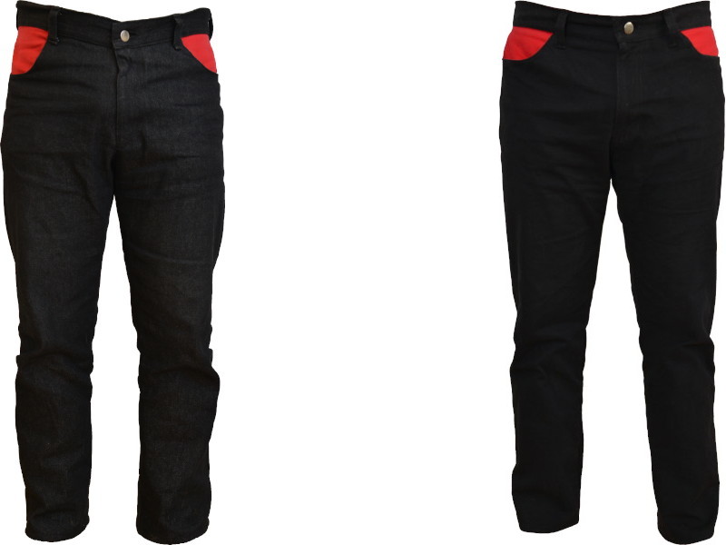 Drei rot-schwarze Jeans